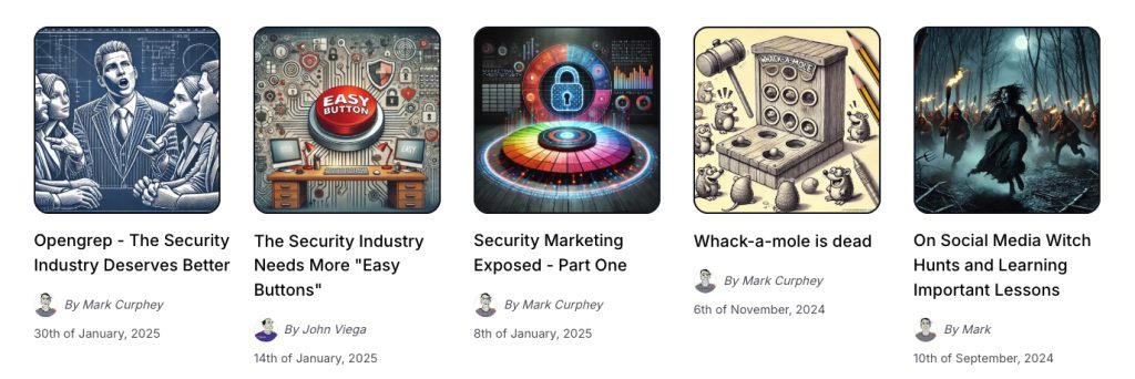 A row of blog post thumbnails with titles, author names, and dates.