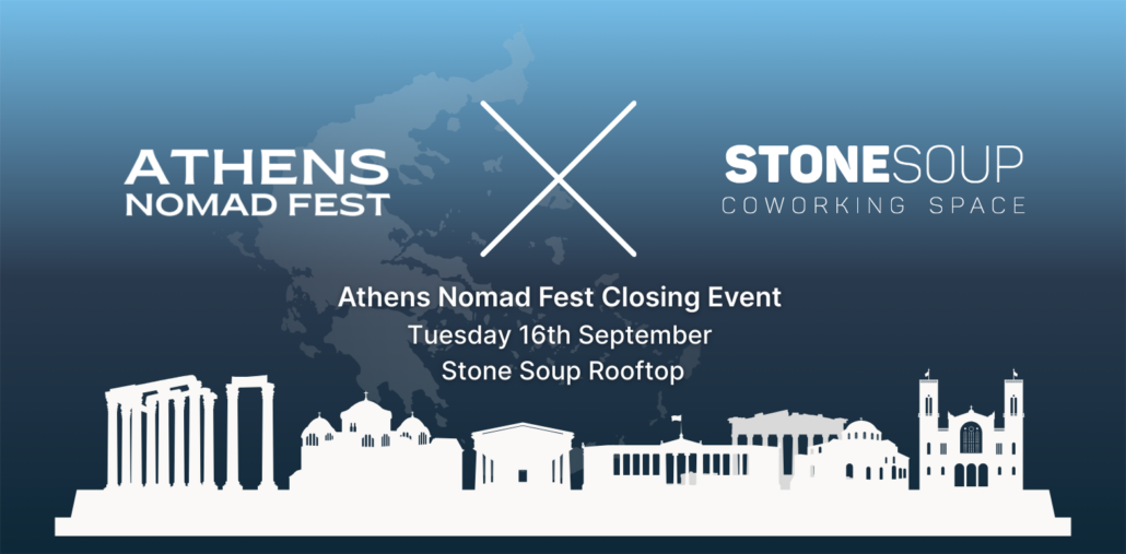 Event banner for the Athens Nomad Fest Closing Event at Stone Soup Rooftop, featuring logos, event details, and an Athens skyline silhouette.