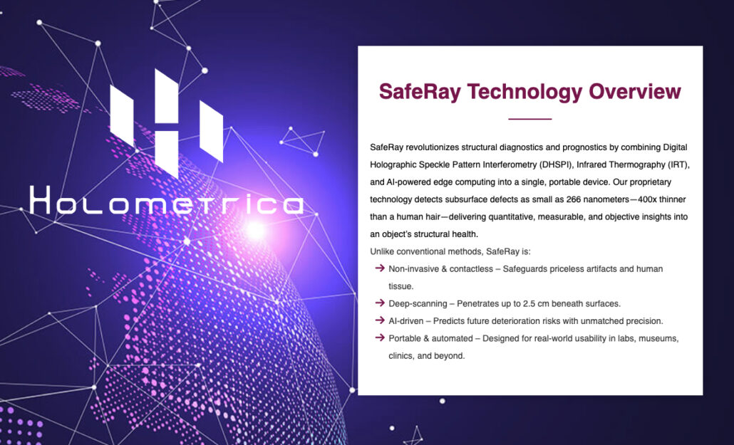 A technical slide featuring the Holometrica logo alongside text outlining an overview and key benefits of SafeRay Technology.