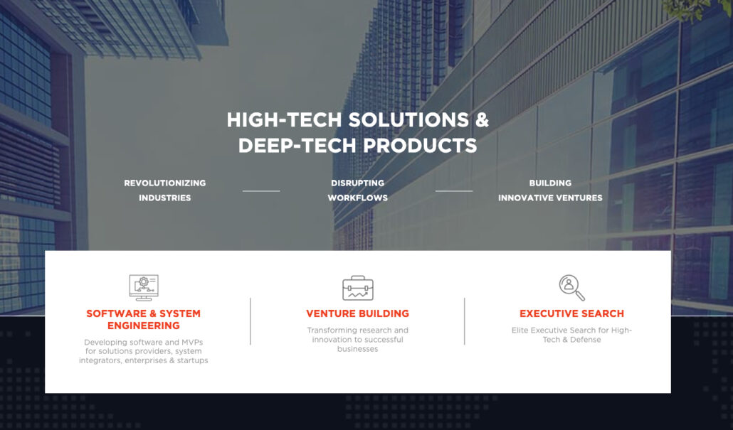 A corporate presentation slide showcasing high-tech solutions, deep-tech products, software engineering, venture building, and executive search services.